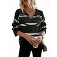 thumbnail image 1 of Women'S Casual Striped Long Sleeve V Neck Lightweights Pullover Sweater Loose Fit Drop Shoulder Knitted Shirt Tops Black L, 1 of 8