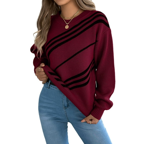 Women'S Casual Striped Round Neck Lantern Long Sleeve Pullover Sweater Red XL