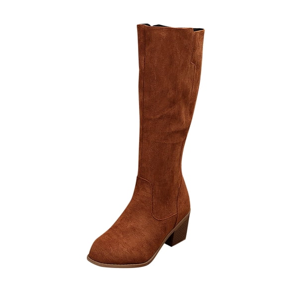 Women'S Casual Suede Long Round Toe Chunky Heel Boots Fall Winter