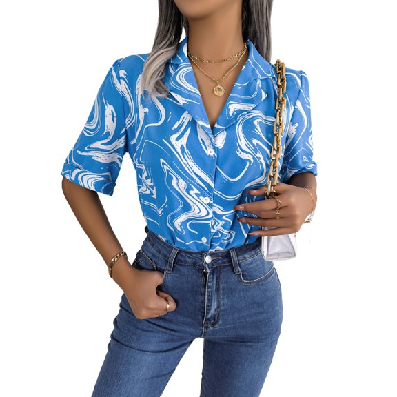 Women'S Casual Suit Collar Contrast Loose Short-Sleeved Shirt Blue L