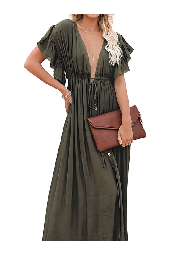 Women'S Casual Summer Beach Dress Ruffle Maxi Dress Button Down Boho Dress Long Tunic Green One size