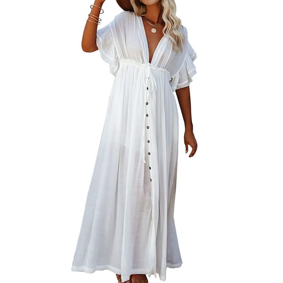 Women'S Casual Summer Beach Dress Ruffle Maxi Dress Button Down Boho Dress Long Tunic White One size