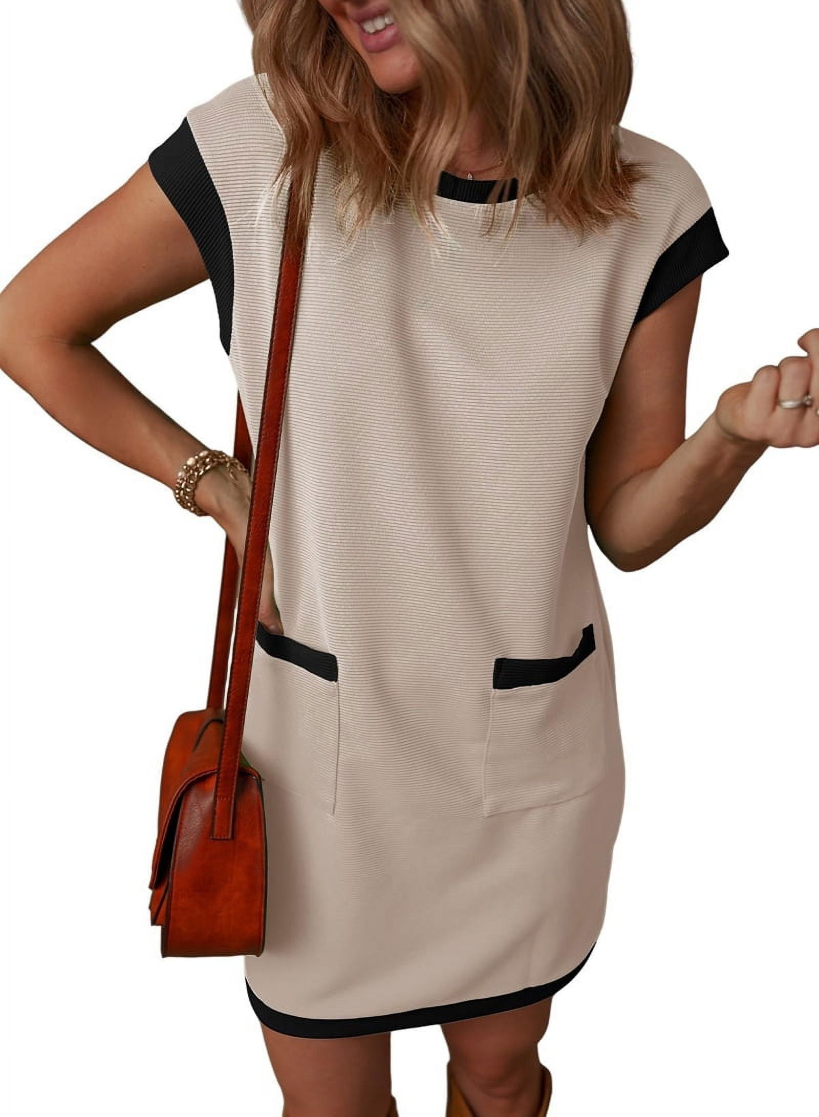 Women'S Casual Summer Dresses Fashion Cap Sleeve Color Block Crewneck Shift Tshirt Mini Dress Apricot S