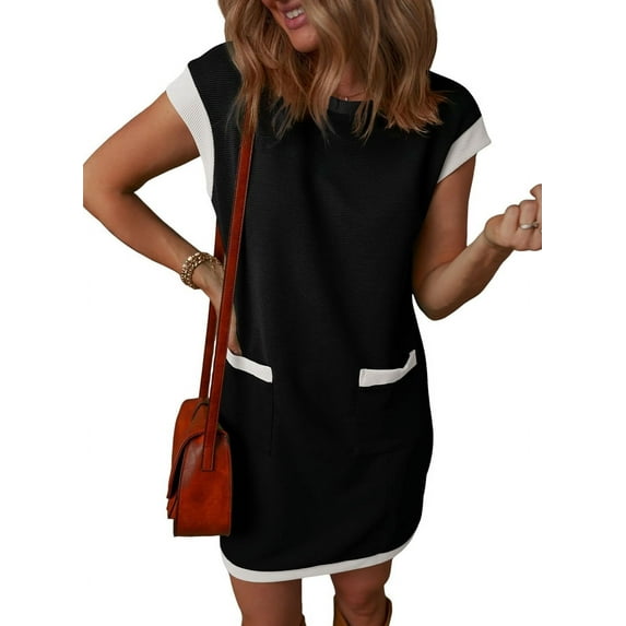Women'S Casual Summer Dresses Fashion Cap Sleeve Color Block Crewneck Shift Tshirt Mini Dress Black M