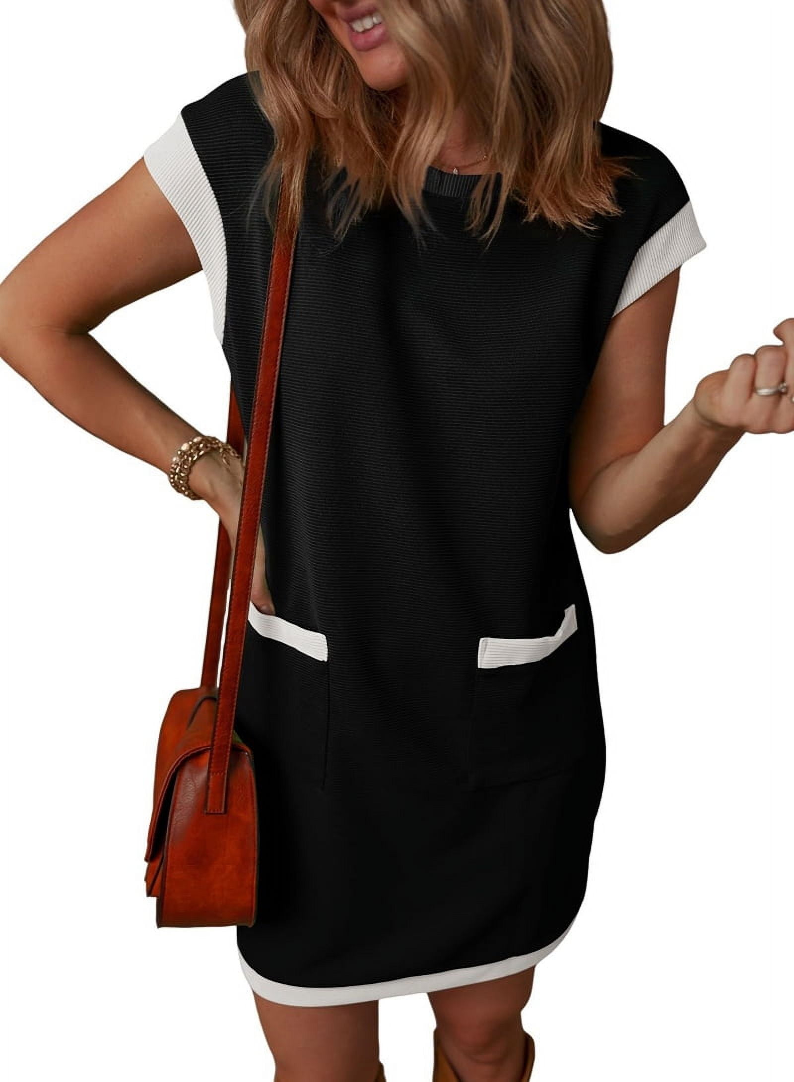 Women'S Casual Summer Dresses Fashion Cap Sleeve Color Block Crewneck Shift Tshirt Mini Dress Black XXL