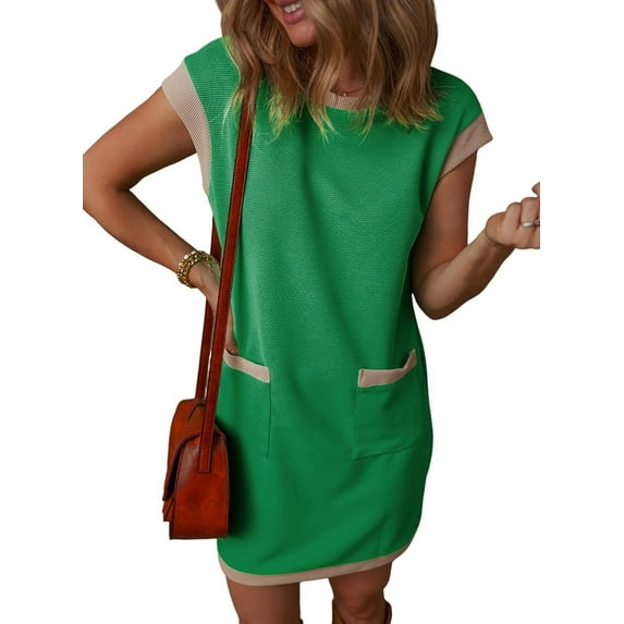 Women'S Casual Summer Dresses Fashion Cap Sleeve Color Block Crewneck Shift Tshirt Mini Dress Green M