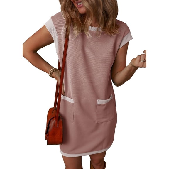 Women'S Casual Summer Dresses Fashion Cap Sleeve Color Block Crewneck Shift Tshirt Mini Dress Pink L