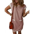 thumbnail image 1 of Women'S Casual Summer Dresses Fashion Cap Sleeve Color Block Crewneck Shift Tshirt Mini Dress Pink XL, 1 of 7