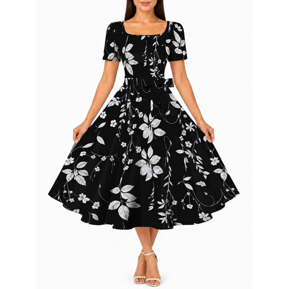 Women'S Casual Summer Dresses Silver Leaves Square Neck Short Sleeve Belted A-Line Midi Dress