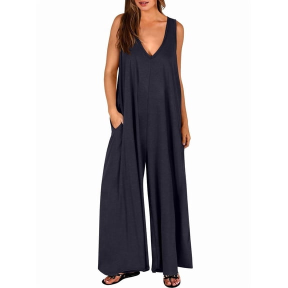 Women'S Casual Summer Loose Jumpsuits Sleeveless Tank V Neck Wide Leg Long Rompers Baggy Jumper with Pockets Black XL