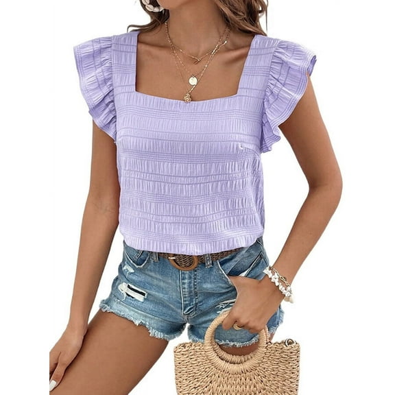 Women'S Casual Summer Square Neck Tank Tops Sleeveless Ruffle Chiffon Blouses Top Shirts Purple L
