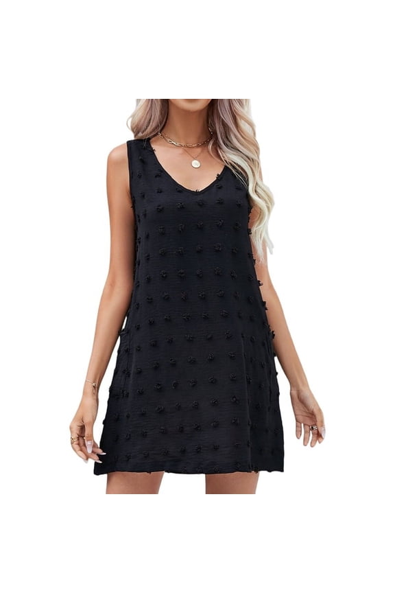 Women'S Casual Summer Sun Dresses Polka Dot Beach Cover Up V Neck Sleeveless Tank Dress with Pockets Black L