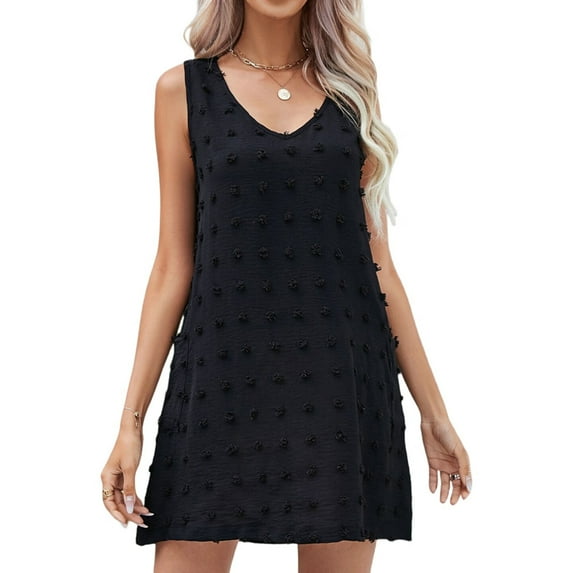 Women'S Casual Summer Sun Dresses Polka Dot Beach Cover Up V Neck Sleeveless Tank Dress with Pockets Black S