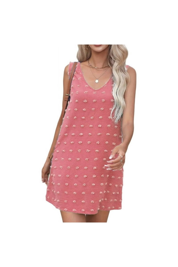 Women'S Casual Summer Sun Dresses Polka Dot Beach Cover Up V Neck Sleeveless Tank Dress with Pockets Pink XL