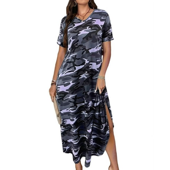 Women'S Casual Summer T Shirt Dress Loose Short Sleeve Camo Tunic Dress with Pocket for Women Blue XXL