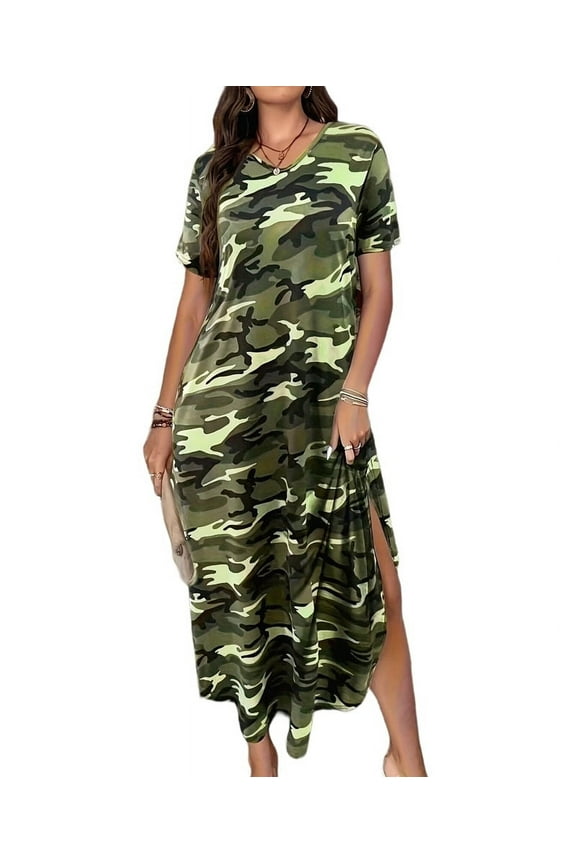 Women'S Casual Summer T Shirt Dress Loose Short Sleeve Camo Tunic Dress with Pocket for Women Green XXL