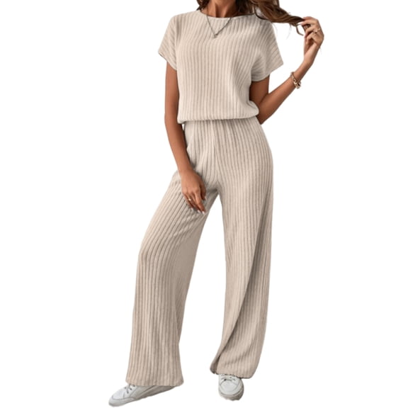Women'S Casual Summer Travel Vacation Wear Two-Piece Suit Short Sleeve Wide Leg Pants Casual Suit M