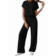 thumbnail image 1 of Women'S Casual Summer Travel Vacation Wear Two-Piece Suit Short Sleeve Wide Leg Pants Casual Suit Black L, 1 of 7