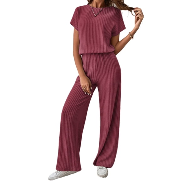 Women'S Casual Summer Travel Vacation Wear Two-Piece Suit Short Sleeve Wide Leg Pants Casual Suit Brick Red L