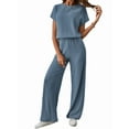 thumbnail image 1 of Women'S Casual Summer Travel Vacation Wear Two-Piece Suit Short Sleeve Wide Leg Pants Casual Suit Dark Blue M, 1 of 7