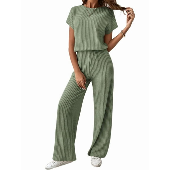 Women'S Casual Summer Travel Vacation Wear Two-Piece Suit Short Sleeve Wide Leg Pants Casual Suit Green XL