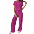 thumbnail image 1 of Women'S Casual Summer Travel Vacation Wear Two-Piece Suit Short Sleeve Wide Leg Pants Casual Suit Rose Red M, 1 of 5