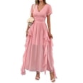 thumbnail image 1 of Women'S Casual Summer V Neck Flutter Ruffle Short Sleeve Irregular Hem High Waist Flowy Midi Dresses Pink M, 1 of 8