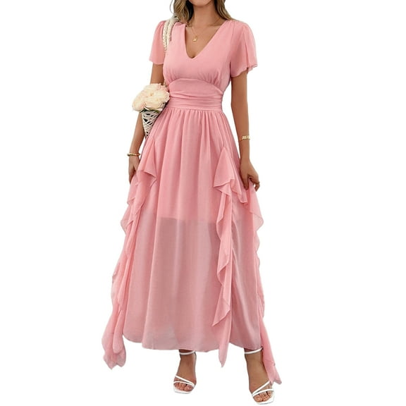 Women'S Casual Summer V Neck Flutter Ruffle Short Sleeve Irregular Hem High Waist Flowy Midi Dresses Pink M