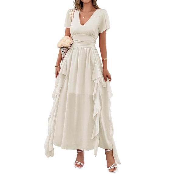 Women'S Casual Summer V Neck Flutter Ruffle Short Sleeve Irregular Hem High Waist Flowy Midi Dresses S