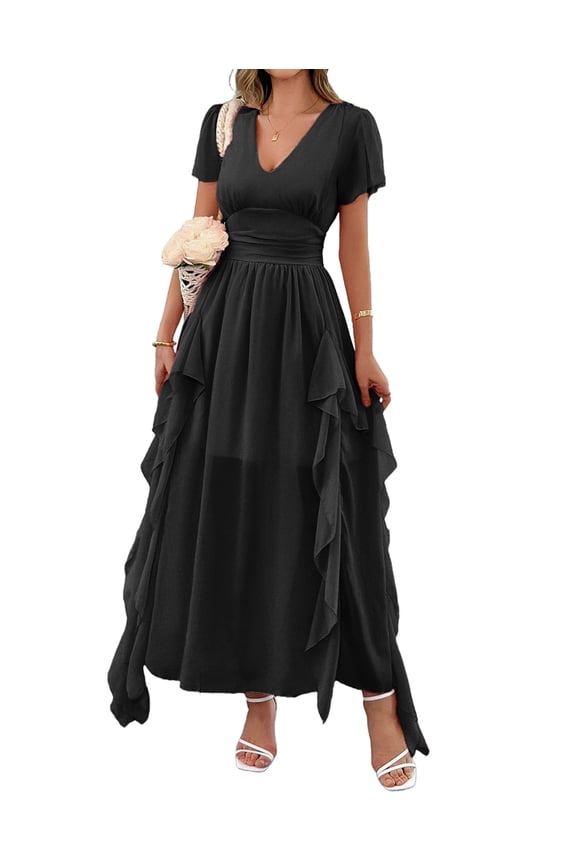 Women'S Casual Summer V Neck Flutter Ruffle Short Sleeve Irregular Hem High Waist Flowy Midi Dresses