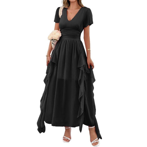 Women'S Casual Summer V Neck Flutter Ruffle Short Sleeve Irregular Hem High Waist Flowy Midi Dresses