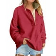 thumbnail image 1 of Women'S Casual Sweatshirt, Long Sleeve Loose Fit Pullover With Button Collar, Soft Everyday Wear, Lightweight Comfort Oversized Zip Up Hoodie For Women Pullover Casual (XL, Red) ZMTing, 1 of 2