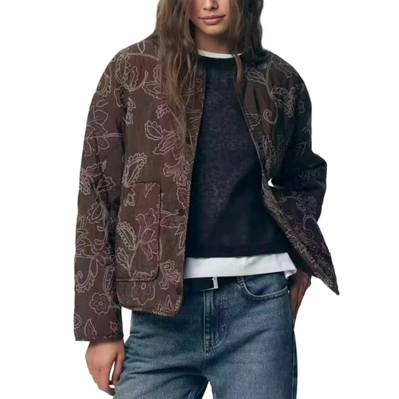 Women'S Casual Temperament Button Round Neck Long Sleeve Quilted Printed Jacket Brown S