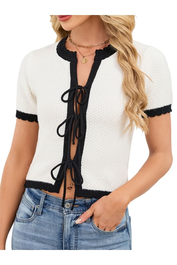 Women'S Casual Tie Front Sweater Tops Contrast Binding Knot Front Crew Neck Knit Top White M