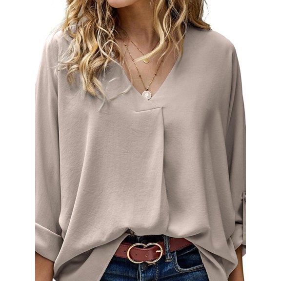 Women'S Casual V Neck 3/4 Sleeve Business Tops Loose Work Blouses Khaki XL