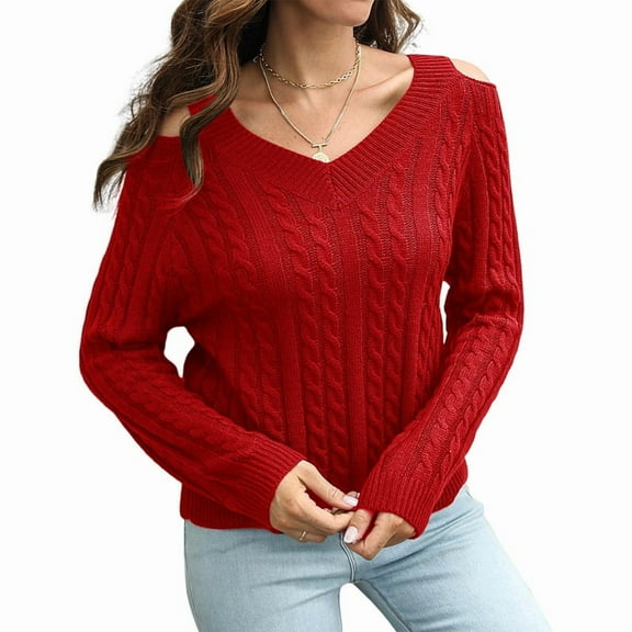 Women'S Casual V Neck Long Sleeve Chunky Knit Off Shoulder Pullover Tops Red L