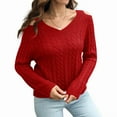 thumbnail image 1 of Women'S Casual V Neck Long Sleeve Chunky Knit Off Shoulder Pullover Tops Red S, 1 of 6