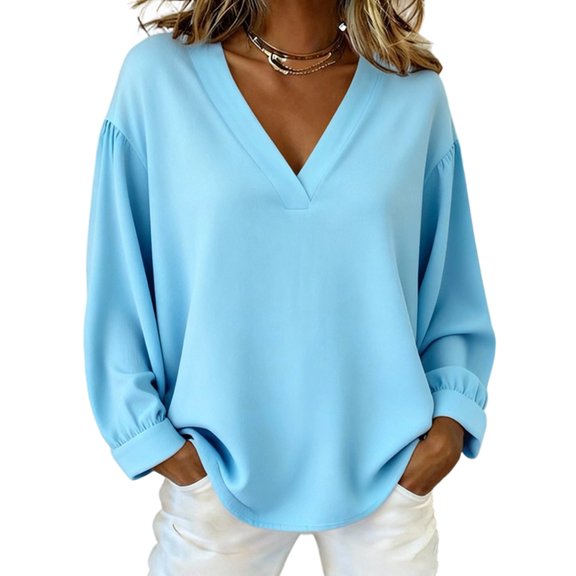Women'S Casual V Neck Long Sleeve Pullover Loose Fit Solid Color Womens Tshirt Basic Comfort Top S