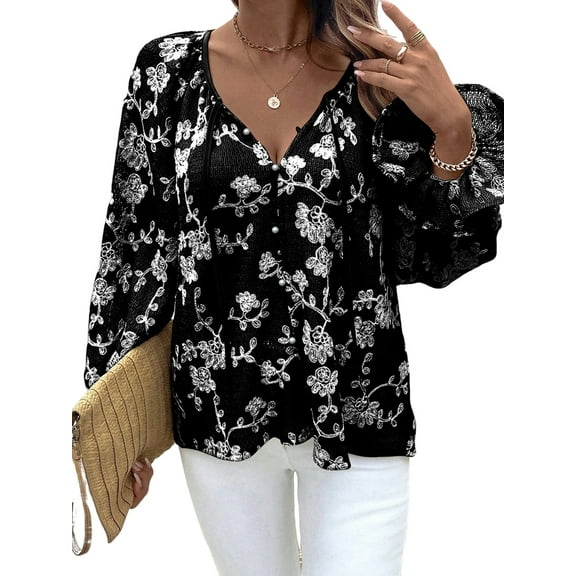 Women'S Casual V-Neck Long Sleeve Shirt Top Floral Bell Sleeve Button Front Tie Shirt Black L