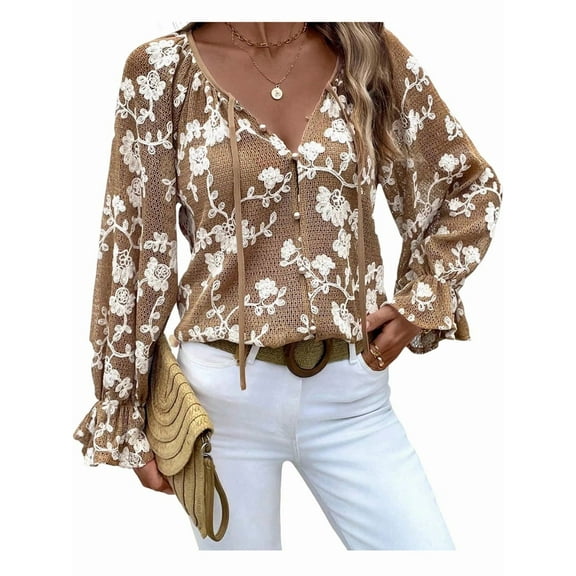 Women'S Casual V-Neck Long Sleeve Shirt Top Floral Bell Sleeve Button Front Tie Shirt Coffee Color M