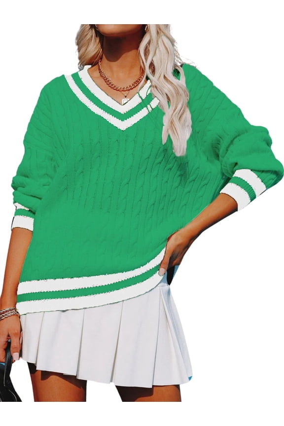 Women'S Casual V Neck Long Sleeve Sweater Trendy Striped Pullover Cable Knit Preppy Sweaters Green S