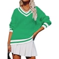 thumbnail image 1 of Women'S Casual V Neck Long Sleeve Sweater Trendy Striped Pullover Cable Knit Preppy Sweaters Green XL, 1 of 9