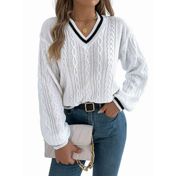Women'S Casual V Neck Long Sleeve Sweater Trendy Striped Pullover Cable Knit Preppy Sweaters White S