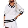 thumbnail image 1 of Women'S Casual V Neck Long Sleeve Sweater Trendy Striped Pullover Cable Knit Preppy Sweaters White XS, 1 of 9