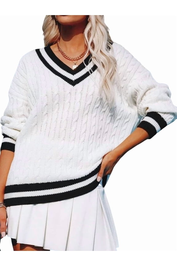 Women'S Casual V Neck Long Sleeve Sweater Trendy Striped Pullover Cable Knit Preppy Sweaters White XS