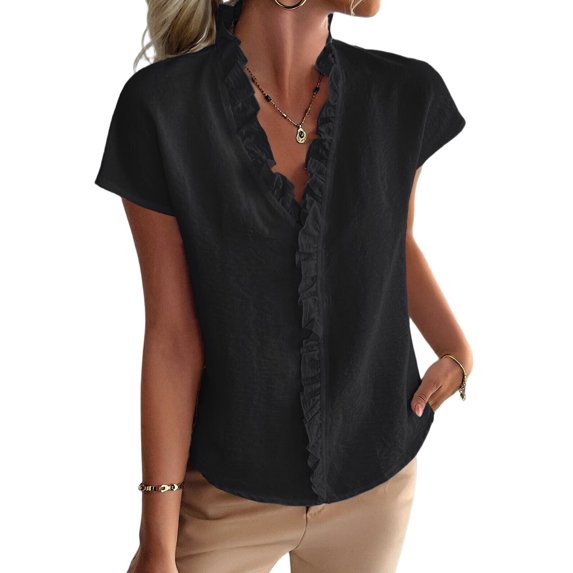 Women'S Casual V Neck Ruffle Short Sleeve Summer Tank Tops Shirts Black L