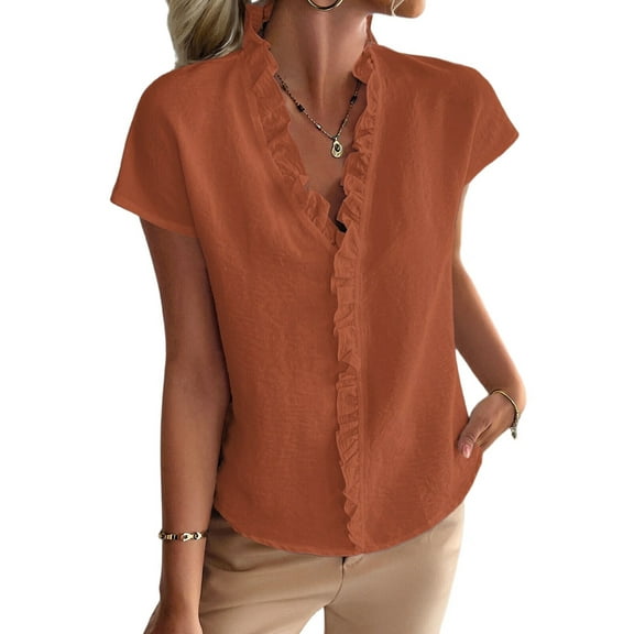 Women'S Casual V Neck Ruffle Short Sleeve Summer Tank Tops Shirts Earth Red M
