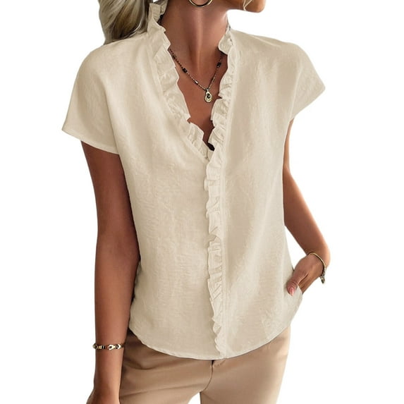 Women'S Casual V Neck Ruffle Short Sleeve Summer Tank Tops Shirts S