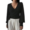 thumbnail image 1 of Women'S Casual V Neck Wrap Sweater Pullover Long Sleeve Slim Fit Knit Crop Top Sweater Black S, 1 of 9