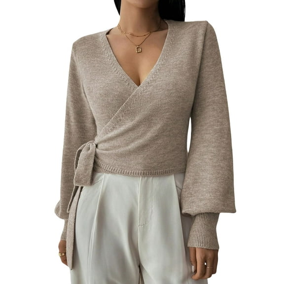 Women'S Casual V Neck Wrap Sweater Pullover Long Sleeve Slim Fit Knit Crop Top Sweater Color S